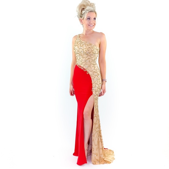 Red Illusion Beaded One Shoulder Evening Gown - Picture 2 of 8